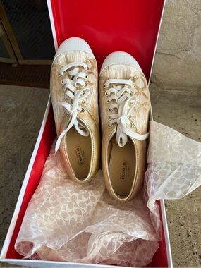 Coach Metallic Gold Signature Canvas Low-Top Sneakers